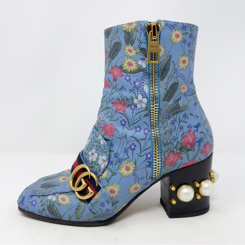 Gucci Peyton Flora Pearl GG Web Stripe Ankle Boots Womens Size EU 37 - Picture 10 of 14
